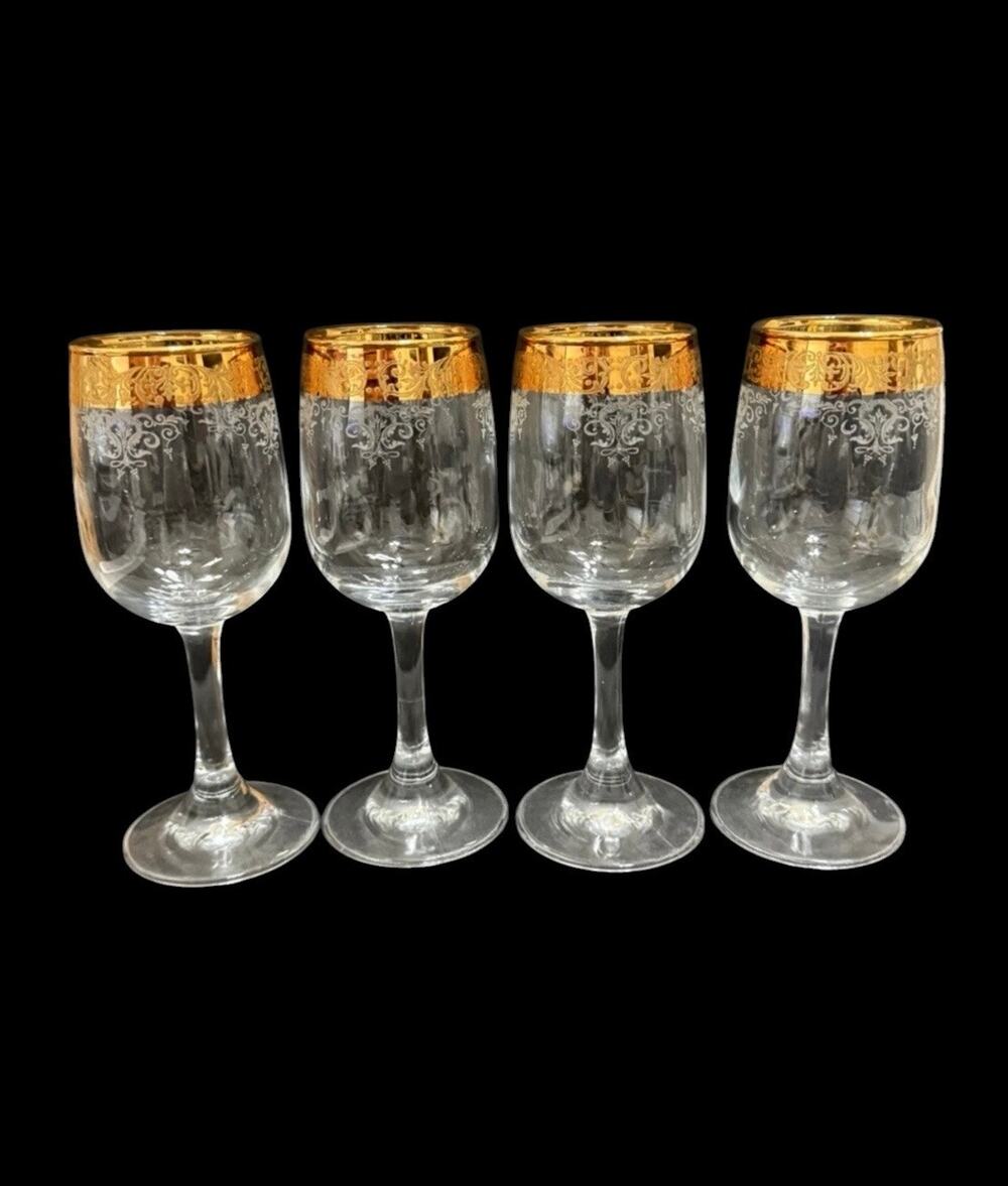 4 Vtg CELLINI Crystal 24 KT Gold Rim Etched Wine Glasses 7 1/4""